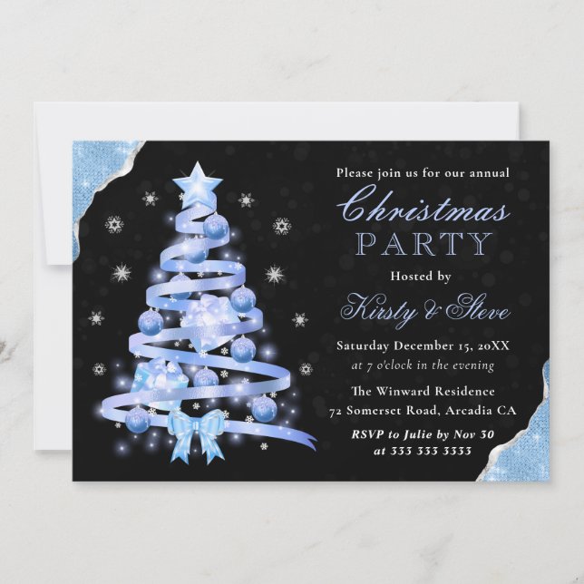 Elegant Light Blue Ribbon Tree Christmas Party Invitation (Front)