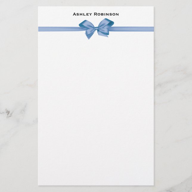 Elegant Light Blue Satin Bow on White Stationery (Front)