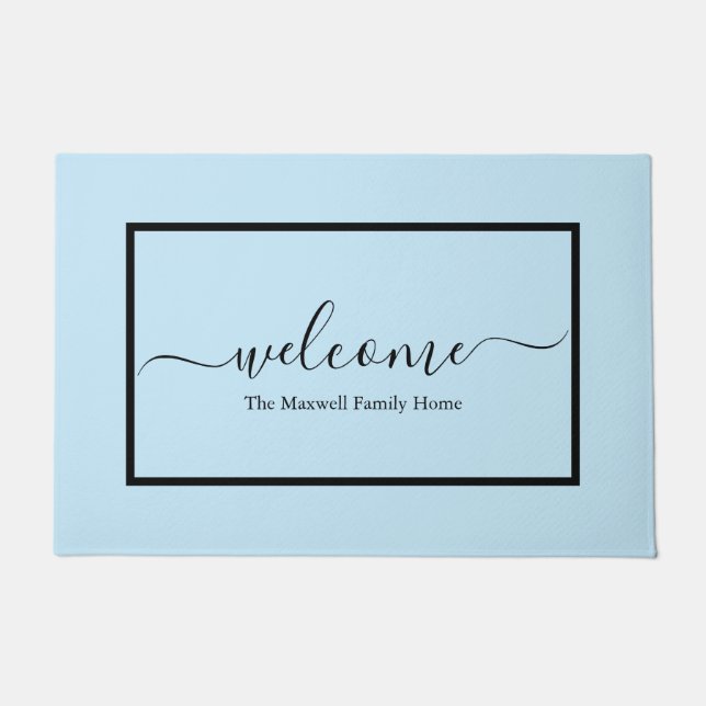 Elegant light blue script family name welcome doormat (Front)