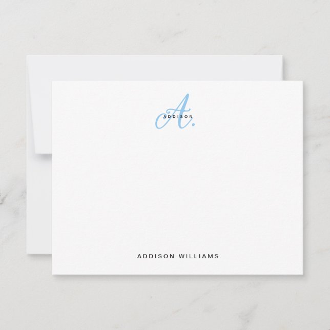 Elegant Light Blue Script Monogram Note Card (Front)