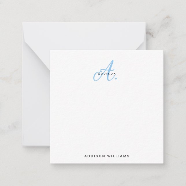 Elegant Light Blue Script Monogram Note Card (Front)