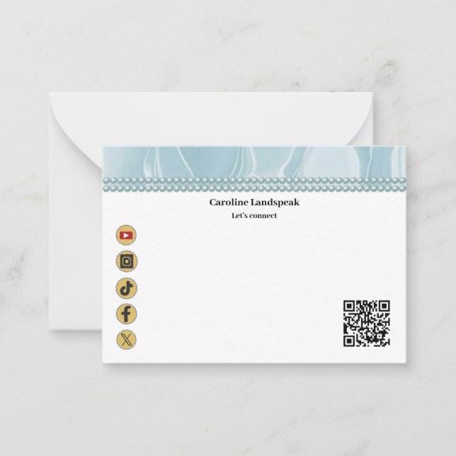 Elegant Light Blue Silk, Social Media & QR Code Note Card (Front)