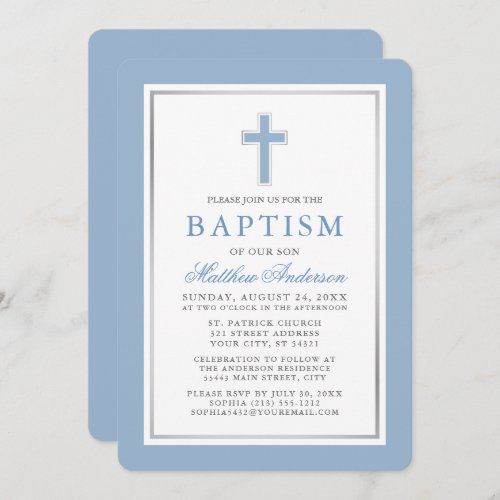 Elegant Light Blue Silver Baptism Invitation