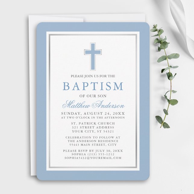 Elegant Light Blue Silver Baptism Invitation (Customize to change text color, size, style or to change color of back of card.)
