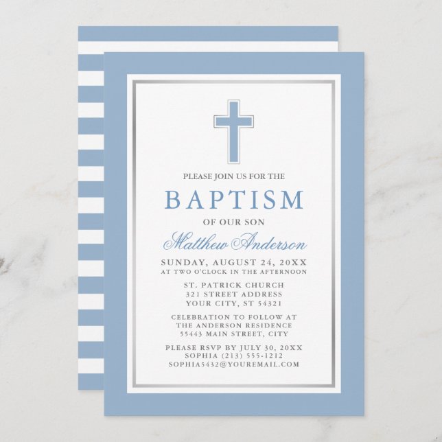 Elegant Light Blue Silver Baptism Striped Invitation (Front/Back)