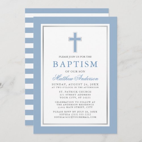 Elegant Light Blue Silver Baptism Striped Invitation