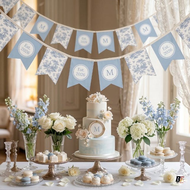 Elegant Light Blue Toile Monogram Est. 2026 Bunting Flags (Creator Uploaded)