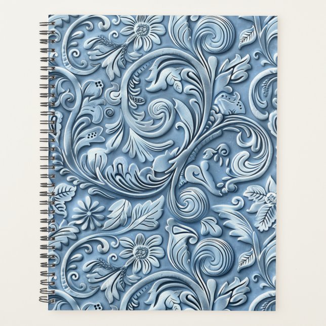 Elegant light blue tooled leather  planner (Front)