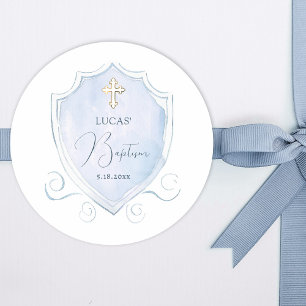Elegant Light Blue Watercolor Crest Baptism Classic Round Sticker