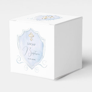 Elegant Light Blue Watercolor Crest Baptism Cube Favor Boxes