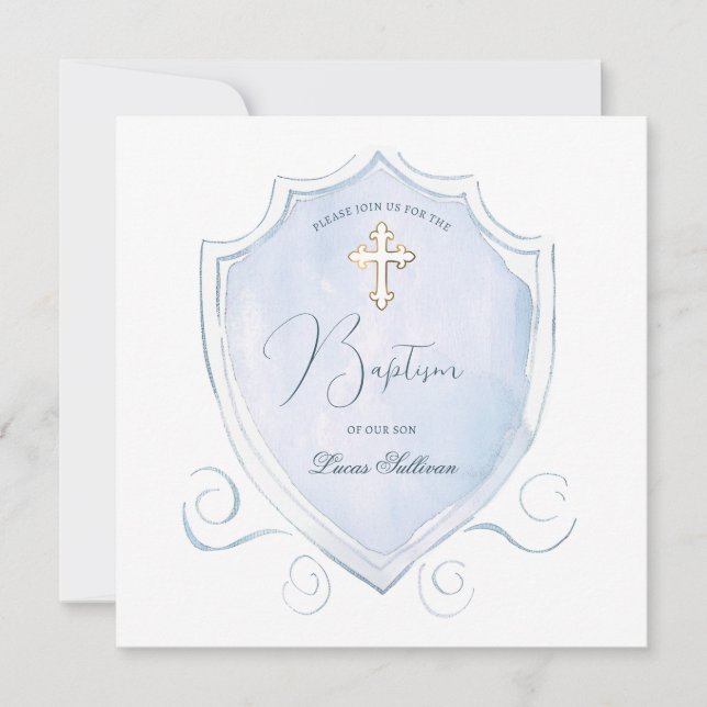 Elegant Light Blue Watercolor Crest Baptism Invitation (Front)