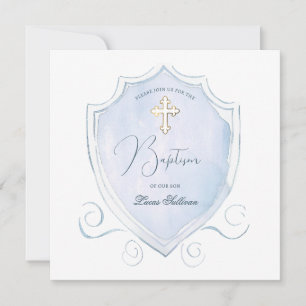 Elegant Light Blue Watercolor Crest Baptism Invitation