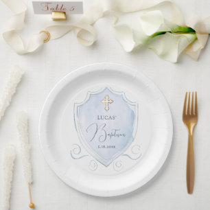 Elegant Light Blue Watercolor Crest Baptism Paper Plates