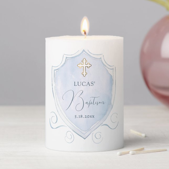Elegant Light Blue Watercolor Crest Baptism Pillar Candle (In Situ)