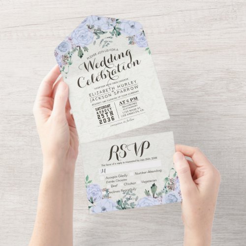 Elegant Light Blue Watercolor Flowers Wedding RSVP All In One Invitation