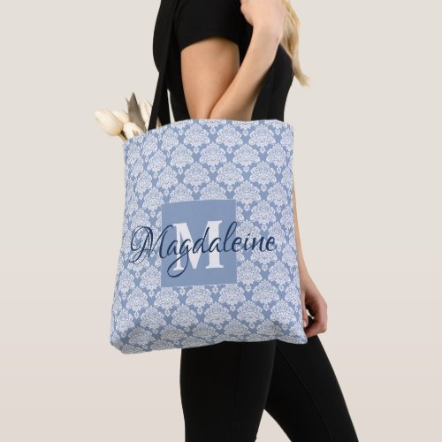 Elegant Light Blue  White Damask Monogram  Name Tote Bag