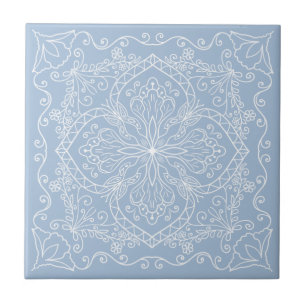 Elegant Light Blue White Flowers Butterfly Ceramic Tile