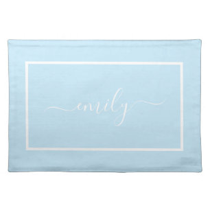 Elegant light blue White Script Name Cloth Placemat