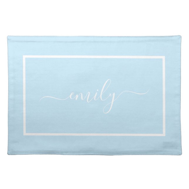 Elegant light blue White Script Name  Cloth Placemat (Front)