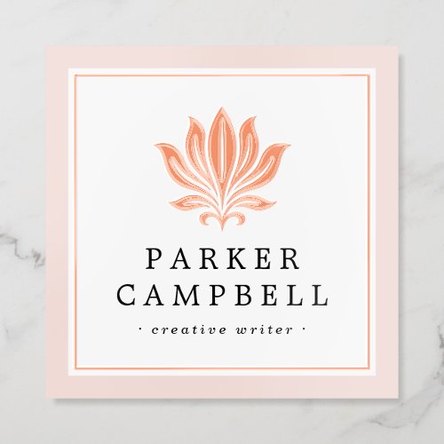 Elegant light blush pink borders lotus floral foil business cards