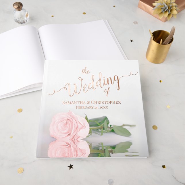 Elegant Light Blush Pink Rose Large Wedding Foil Guest Book (Front Open)