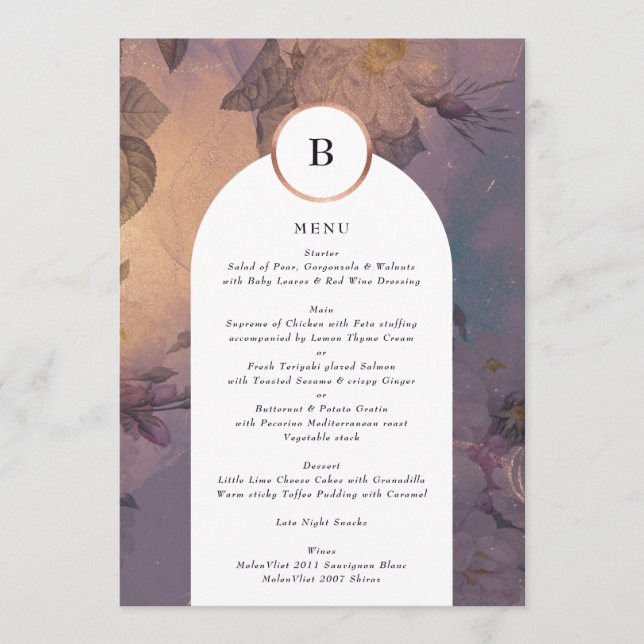 Elegant Light Boho Floral Arch Rose Gold Wedding Menu (Front)