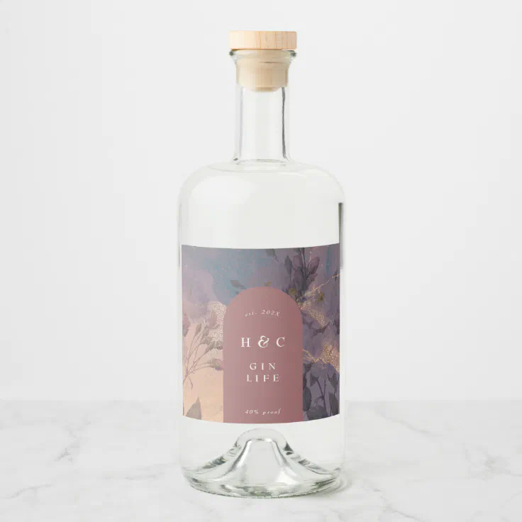 Elegant Light Boho Floral Purple Botanical GIN Liquor Bottle Label