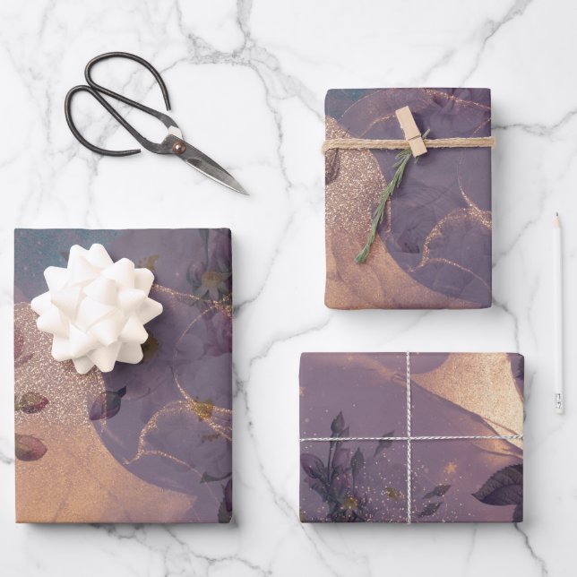 Elegant Light Boho Floral Purple Fantasy Botanical Wrapping Paper Sheets (Front)