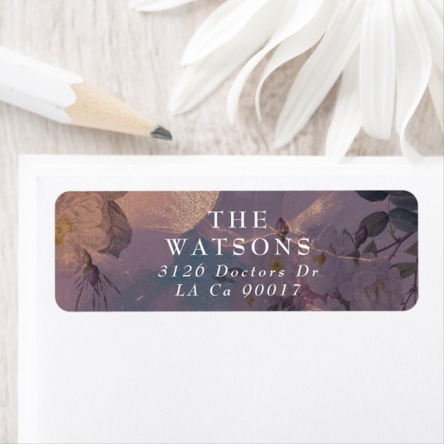 Elegant Light Boho Floral Purple Rose Gold Wedding Label (Insitu)