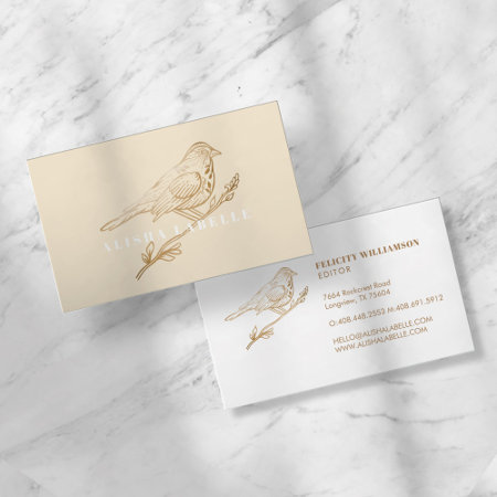 Elegant Light Cream & Gold Perched Bird Business Card