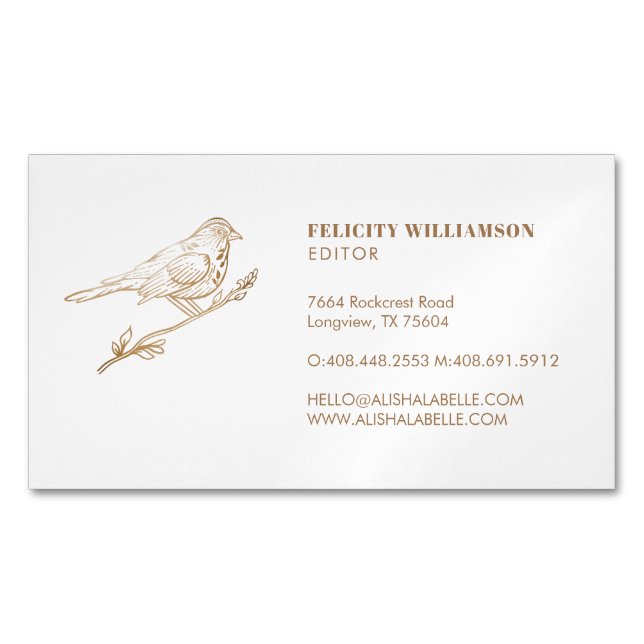 Elegant Light Cream & Gold Perched Bird Business Card Magnet (Front)