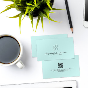 Elegant Light Cyan Luxury Script QR CODE Business Card