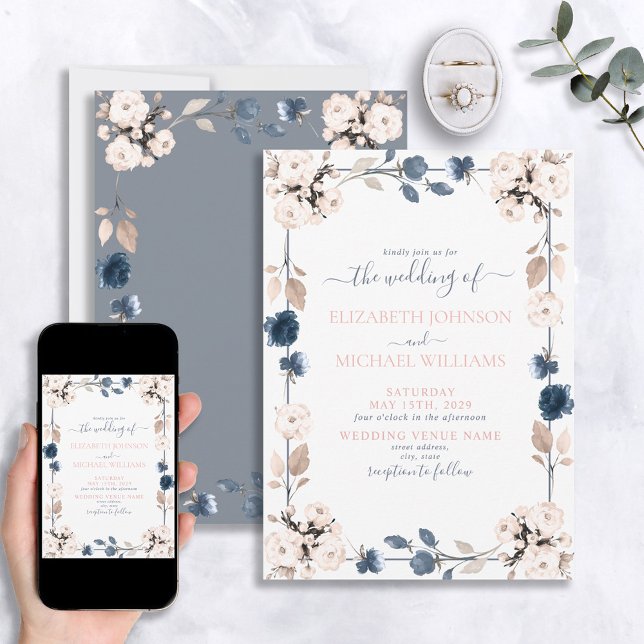 Elegant Light Dusty Blue Blush Pink Floral Wedding Invitation (Creator Uploaded)