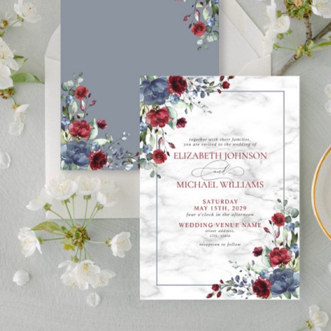 Elegant Light Dusty Blue Burgundy Floral Wedding Invitation (Creator Uploaded)