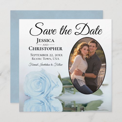 Elegant Light Dusty Blue Rose  Oval Photo Wedding Save The Date