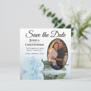 Elegant Light Dusty Blue Rose & Oval Photo Wedding Save The Date