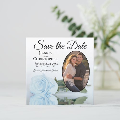 Elegant Light Dusty Blue Rose  Oval Photo Wedding Save The Date