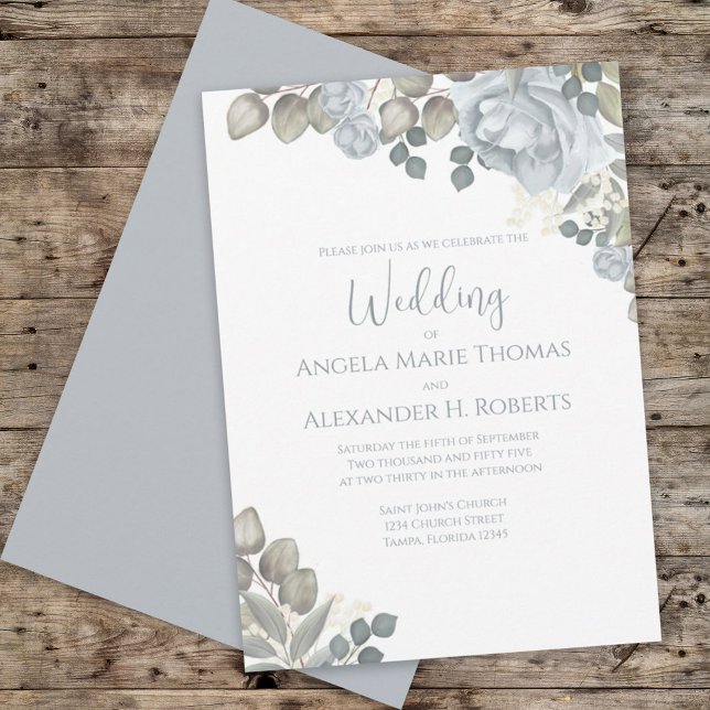 Elegant Light Dusty Blue Watercolor Floral Rose Invitation (Creator Uploaded)
