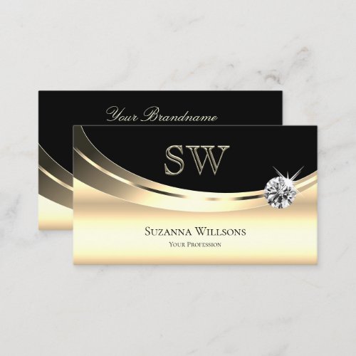 Elegant Light Gold and Black with Monogram Diamond Business Card