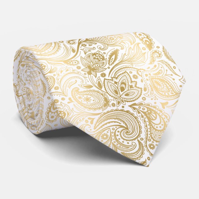 Elegant Light Gold And White Paisley Pattern Neck Tie (Rolled)