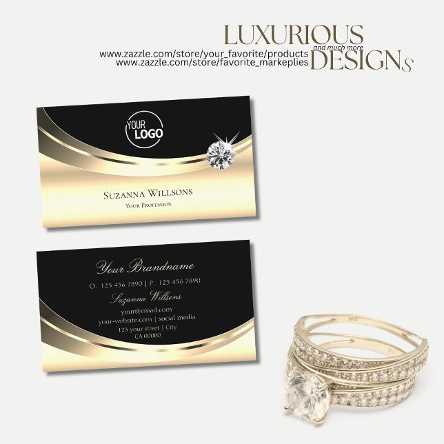 Elegant Light Gold Black with Logo Sparkle Diamond Business Card (Creator Uploaded)