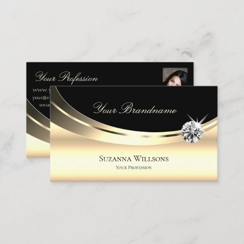 Elegant Light Gold Black with Photo and Diamond Business Card