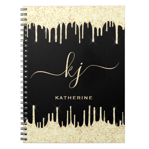 Elegant Light Gold Glitter Drips 2 Monogram Script Notebook