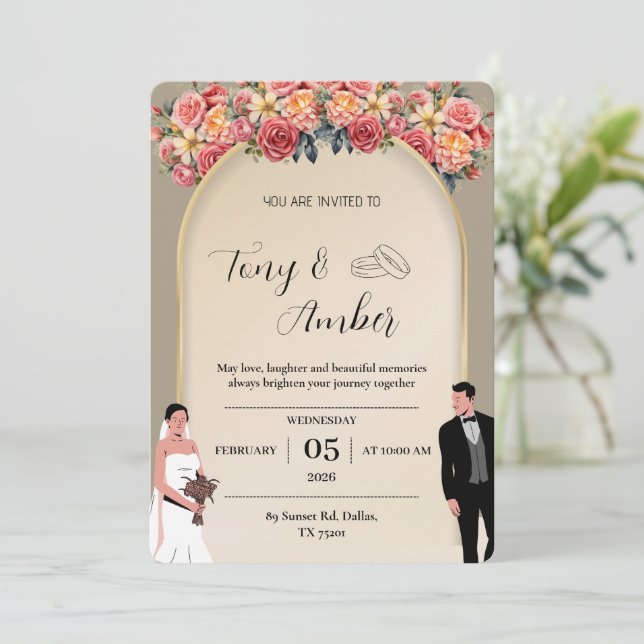 Elegant Light Gold with Floral Wedding Invitation (Standing Front)