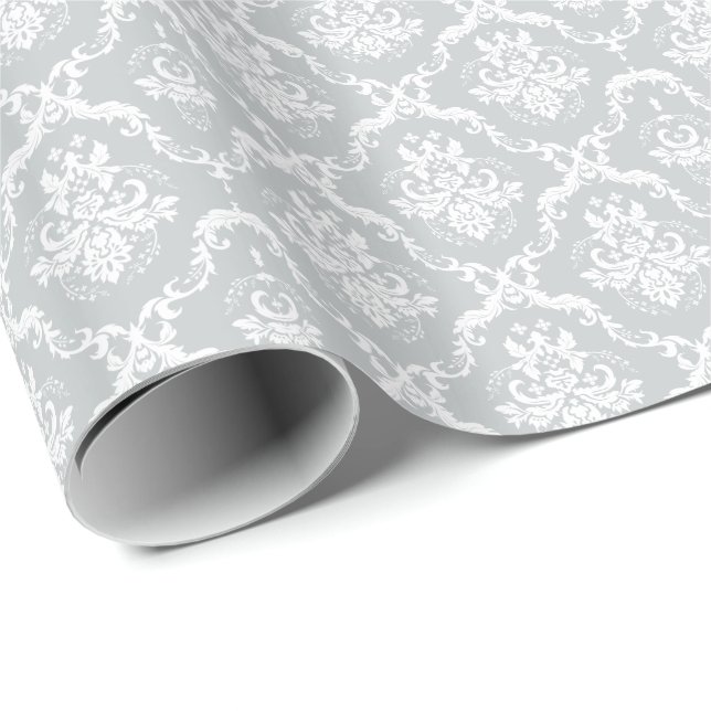 Elegant Light Gray And White Floral Damasks Wrapping Paper (Roll Corner)