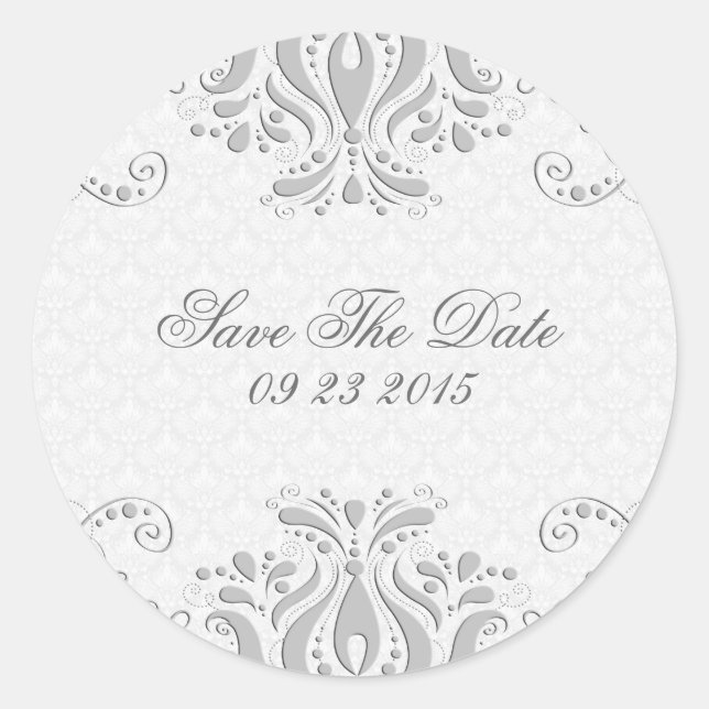 Elegant Light Gray Floral Lace  & White Damasks Classic Round Sticker (Front)