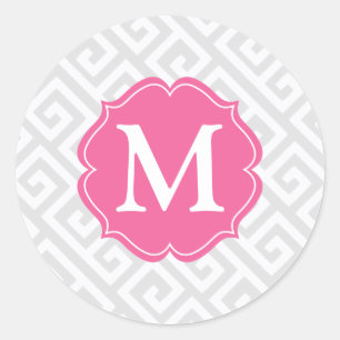 Elegant Light Gray Greek Key Personalized Classic Round Sticker