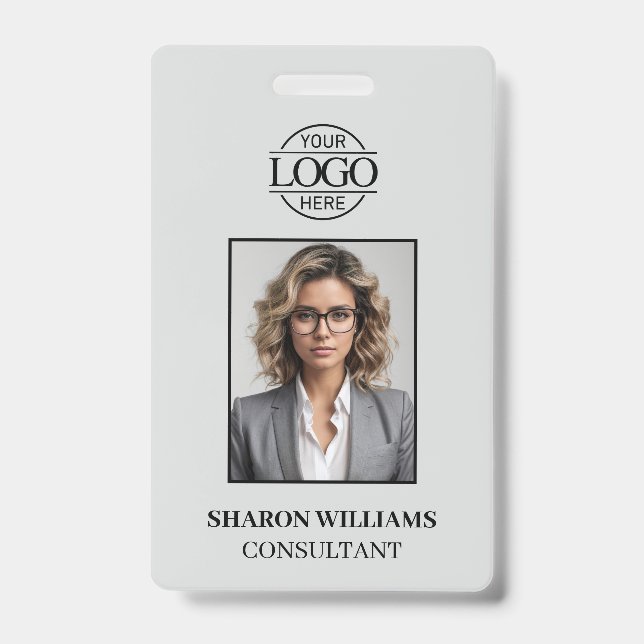 Elegant Light Gray Minimalist Employee Photo Badge (Front)