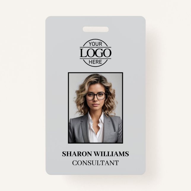 Elegant Light Gray Minimalist Employee Photo Badge (Front)