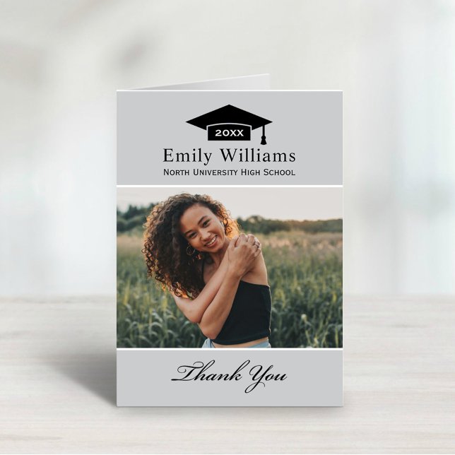 Elegant Light Gray Personalized Graduation Photo Thank You Card (Creator Uploaded)